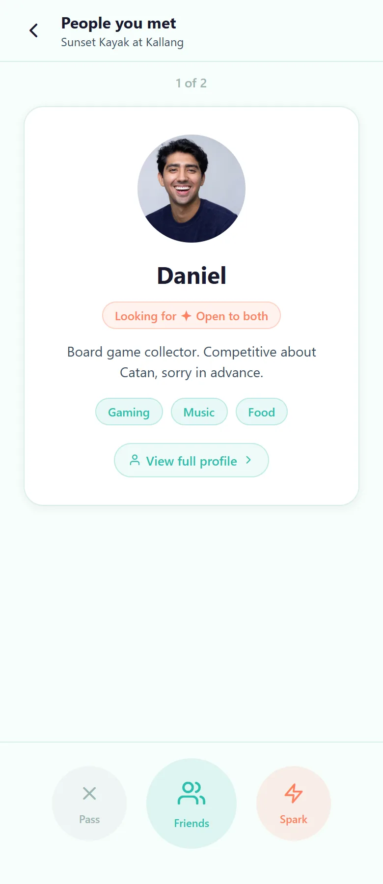 dabbly's private rating screen after an event, with Pass, Friends and Spark options