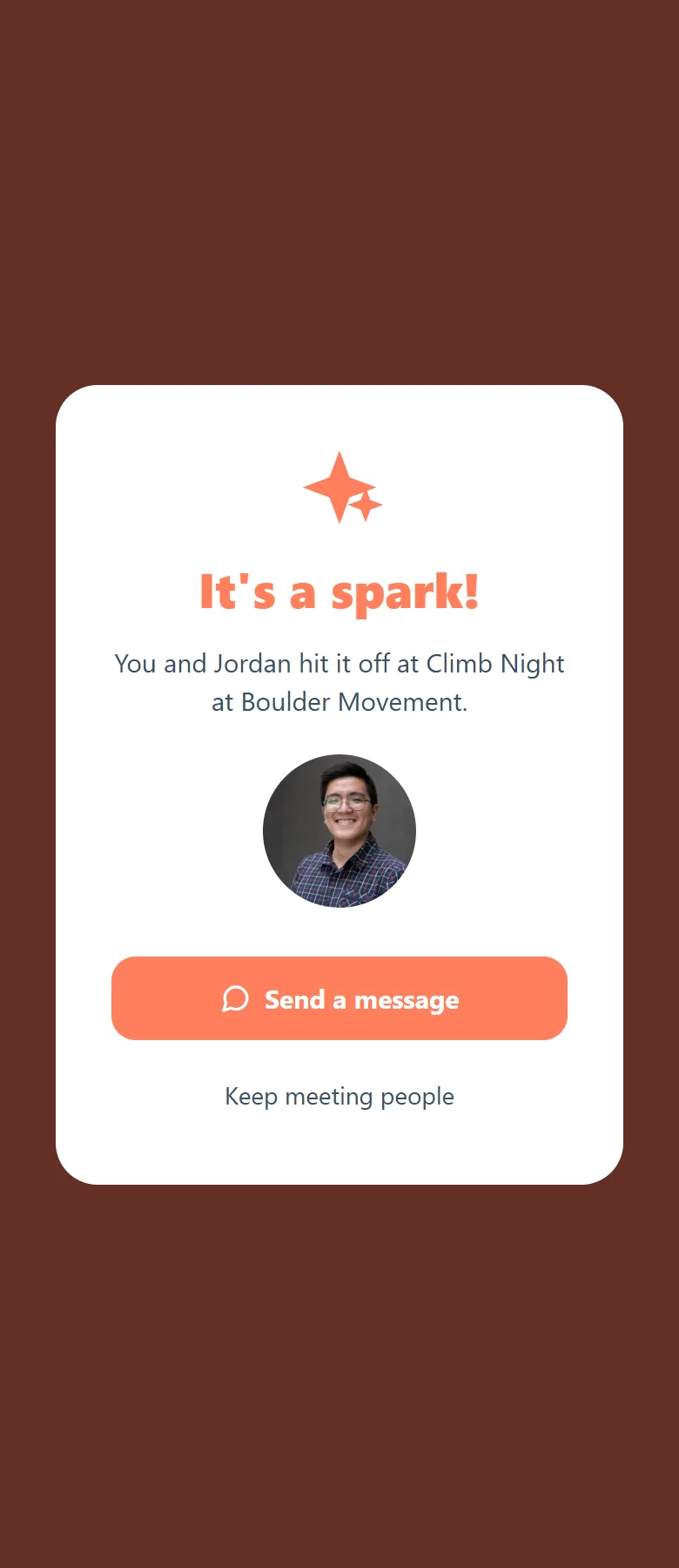 dabbly match screen: It's a spark! You and Jordan hit it off at Climb Night