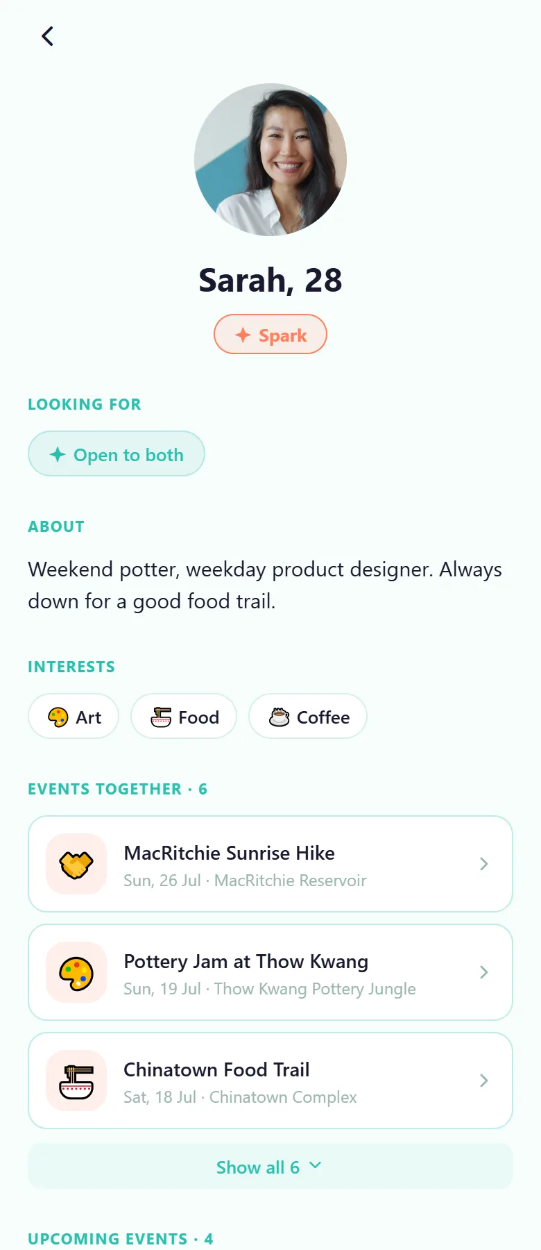 A dabbly profile showing interests and a 'looking for' preference